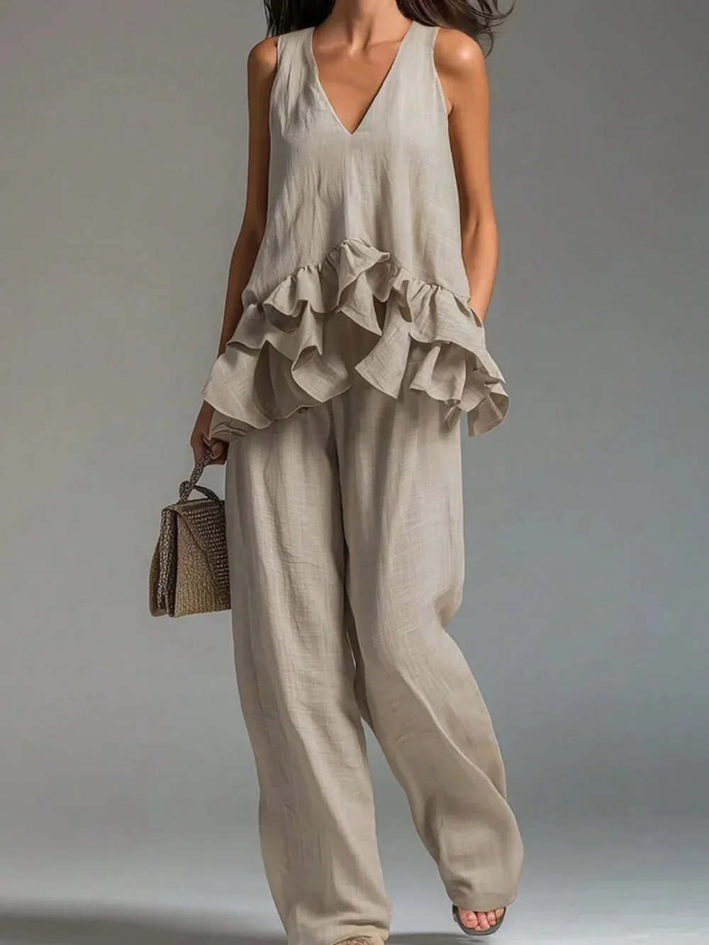Khaki Boho Women's Ruffle Hem V-Neck Top And Loose Pants Set - Picture 5 of 6